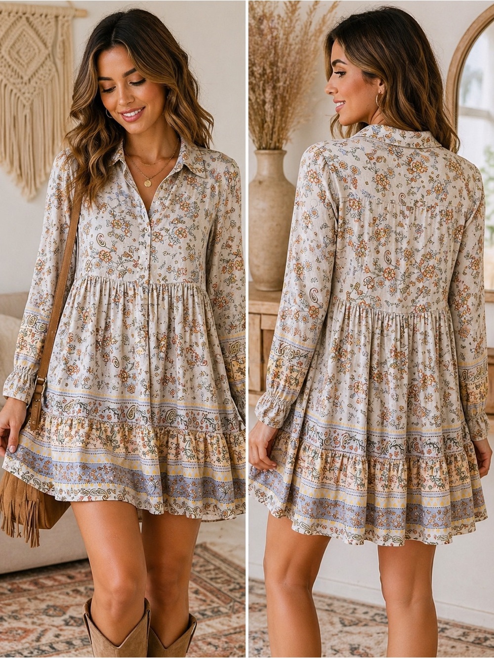 Boho Babydoll Tunic Dress Floral Cottagecore Peasant Mini Dress Size M
